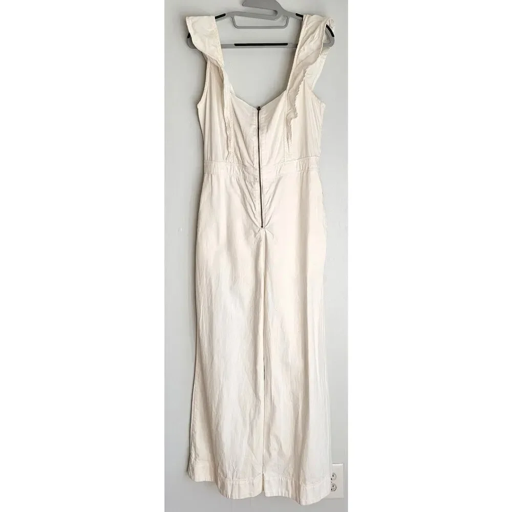 Free People Sun Valley Jumpsuit Overalls Wide Leg Ruffle Strap Ivory Womens Sz 6 - Picture 6 of 8